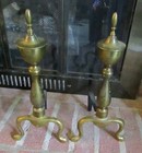 Vtg Antique Solid Brass Cast Iron Fireplace Andirons Finial  16    Firedogs B 256