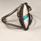 Vintage Navajo  Sterling Silver Mop  Turquoise Inlay Cuff Adjustable Bracelet