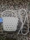 White Faux Pearl Beaded Evening Bag Mini Handbag Purse W  Handle   Strap