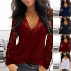 Women Lace V-neck Plain Tops Party Sexy Long Sleeve Casual Loose Shirt Blouse