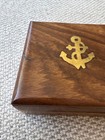 Vintage Wood Box Inlaid Brass Anchor Nautical Trinket Hinged Box -3    X 3    X 1 5   