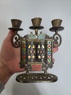 Hen Holon Israel Vintage Brass Candelabra Shabbat Ten Commandments Shalom 3 Cups