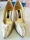  final  Vintage Stilleto High Heel Shoes Wild Nights Gold Metallic Brocade 8