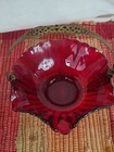 Red Ruby Glass Basket With Decorative Brass Filigree Handle