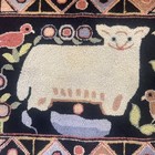Lamb Hand Hooked Wool Rug Folk Art Sheep Birds Geometric Border 34x22 Black Pink