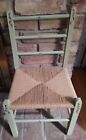Early Primitive Child Size Wooden Chair Original Old Green Paint Rush Seat
