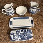 Churchill Staffordshire England Blue Willow Butter Dish W  Lid  2 Creamers bowl