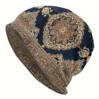 Floral Beanie Boho Knit Hat Casual Navy Blue Brown Elastic Skull Cap Fashion New