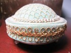 Vintage Handmade Green Velvet Pin Cushion Gold Net Trim Sewing Footed Pearls