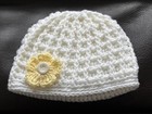 Handmade Crochet Waffle Hat Ivory Yellow Flower Women