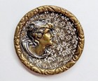 Antique Extra Large Pierced Brass Art Nouveau Female Picture Button   1-13 16 