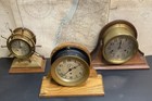 Vintage Chelsea Ships Bell Clock On A Plinth With Brass Face And Black Paint