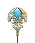 Antique Hatpin Art Nouveau Leaves Turquoise Glass