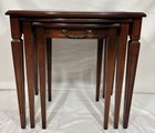 Vintage Mahogany Finished Wood Nesting Tables Set Of 3 Leather Top Inlay Gilt