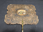 Antique Victorian Papier Mache Face Screen Fan 15x9 5  Inset Picture Wood Handle