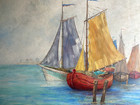 Oil Paintings Boats On The Sea Ships Antique Unreadable Signed Beach Coast