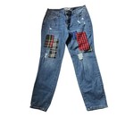 Womens Patchwork Jeans Distressed Ripped Blue Denim Straight Leg Pants
