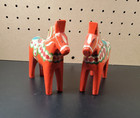 Vintage Swedish Dala Horses Hand Carved Painted Wood Set Of Two