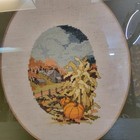 Vintage Cross Stitch Farm Field Harvest Fall Autumn Scene  Framed Matted 1985