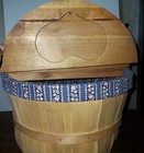 Vintage Wooden Fabric Lined Sewing Basket Heart Shapes On Lid Split Lid