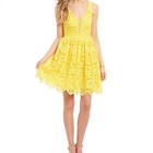 Gb Women s Floral Lace Overlay Fit   Flare Sleeveless Dress  Size Xs Yellow