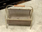 Vtg Mid Century Brass Steel Magazine Album Record Rack Holder W  Teak Handle