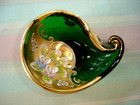 Antique Vintage Bohemian Green Art Glass Painted Raised Flower Gold Trinket Dish