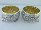 Pr Tiffany   Co Sterling Silver Salt Cellars   Floral Repousse Scroll   Paw Feet