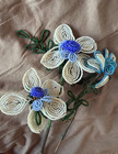 3 Vintage Handmade French Small Beaded Flower Stems Gray White   Blue