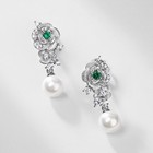 Lab-created Emerald Flower Pearl Drop Earrings S925 Sterling Silver Women Gift