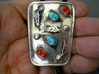 Southwestern Native American Navajo Turquoise Coral Sterling Silver Bolo Tie