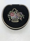 Vtg Petit  Point  Black Silk Trinket Box Hinged Lid Metal Trim Germany Floral