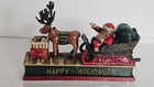 Vintage Cast Iron Mechanical Happy Holiday Coin Bank Santa Sleigh Reindeer Works