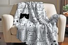 Black And White Cat Doodle Sherpa Blanket Cute Pet Lover Gift