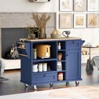 Dark Blue Rubberwood Kitchen Cart With Microwave Storage  Exterior Shelves