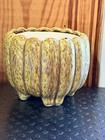 Vintage Glazed Pottery Ribbed Ceramic Planter Vase Beige Footed Pot With Insert