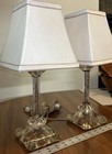 Pair Of Vintage Glass Table Lamps With Etched Design   White Fabric Shades