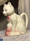 Small Kitty Cat W ball Of Yarn Vintage Ceramic Creamer China Figurine White Pink