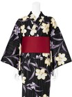 Japanese Summer Kimono Yukata And Obi Set Black Lily Floral Pattern New