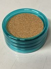 Vintage Gessner Set Of 4 Teal Plastic And Cork Stackable Coasters Made In Usa
