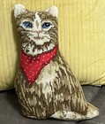 Vintage Needlepoint Plush Brown Tabby Cat Pillow Handmade Red Bandana Blue Eyes