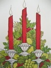 Vintage Christmas Greeting Card 3 Burning Candles With Fruit Evergreens   Holly