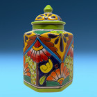 Vintage Mexican Talavera Lidded Jar 10  Hand Painted Folk Art Pueblo Hacienda