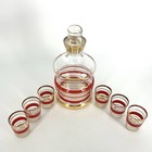 Vintage Barware Decanter And Shot Glass Set Red Gold Stripes