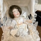 Decorative White Lace Baby Carriage With Porcelain Doll And Gold Wheels