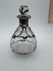 Antique Glass Perfume Bottle With Silver Overlay And Etched Floral Design  a 