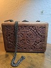 Boho Wooden Purse  Hand Carved With Silver 22inch Drop Shoulder Hang Strap  