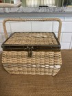 Vintage Penneys Wicker Sewing Basket Box With Vintage Items Inside  Metal Trim