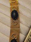 Vintage 1960s Gold Tone Mesh Bracelet 6 75   Black Cabochon Filigree Costume