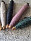 Antique Wooden Yarn Thread Wool Spool Spindle  Bobbin With Yarn Lot Of 5